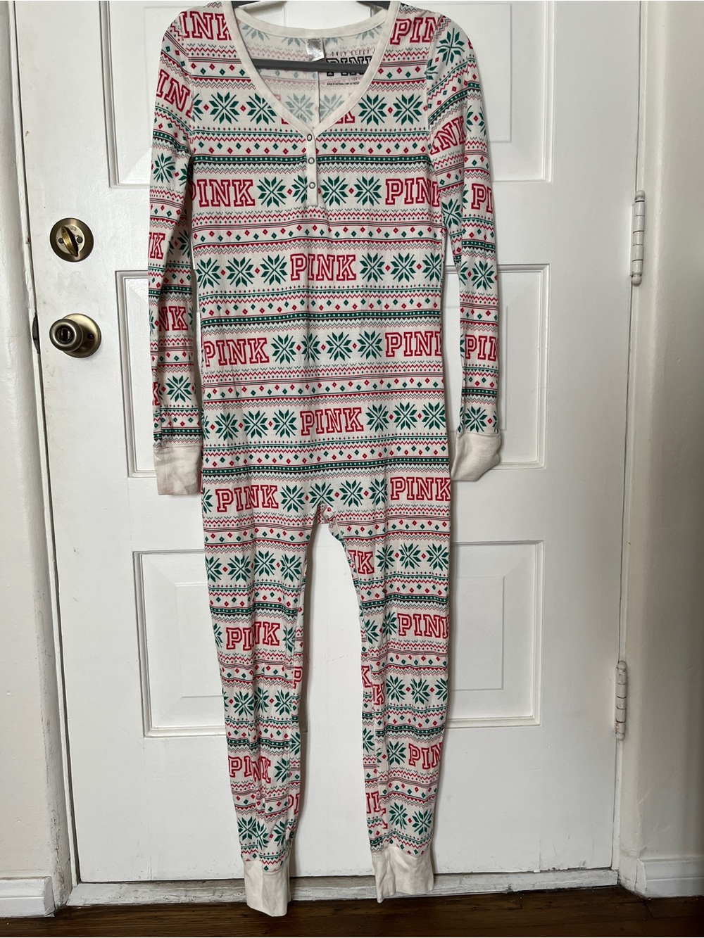 PINK Victoria's Secret Snowflake Holiday Footie with Red & Green Print